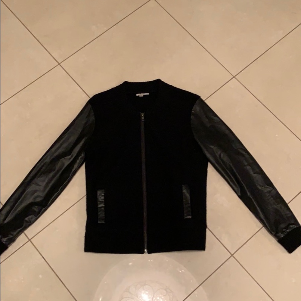 Leather sleeved knitted bomber jacket woman’s